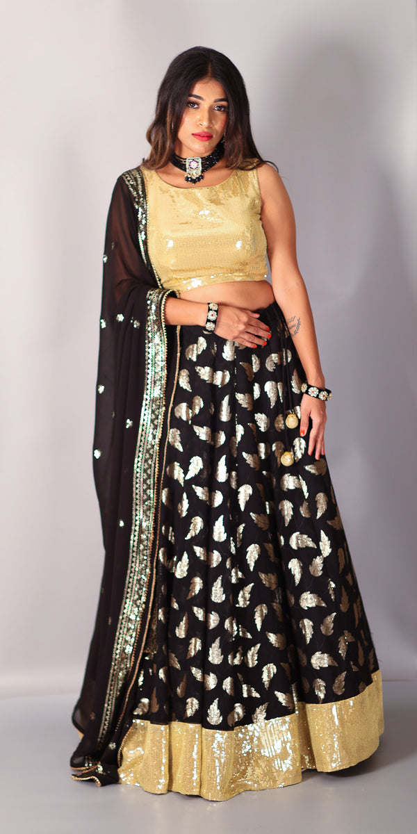 Black Sequin Boat Neck Lehenga Set