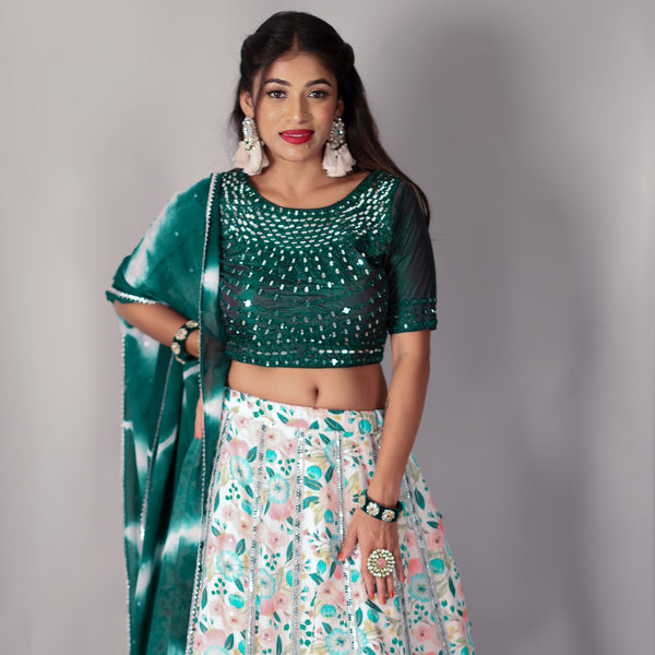 Mirror Work Printed Lehenga Set