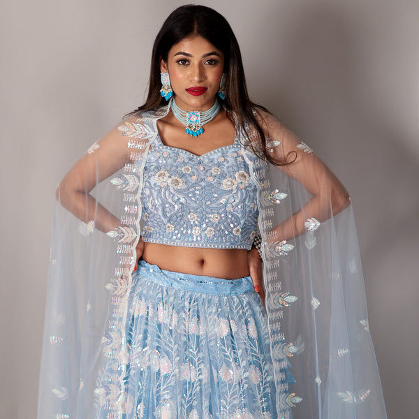 Stunning Sky Blue Lehenga With Spaghetti