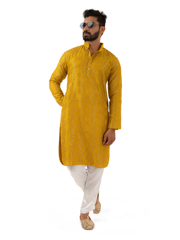 MUSTARD CHANDERI SILK KURTA SET