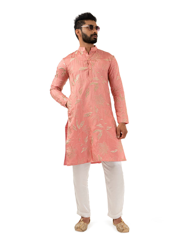 onion pink upada silk kurta set