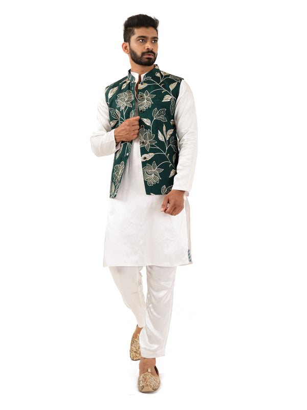 Green upada silk kurta with jacket