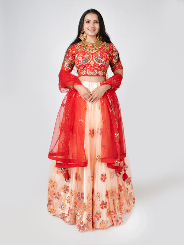 Peach Sequin Floral Lehenga Set