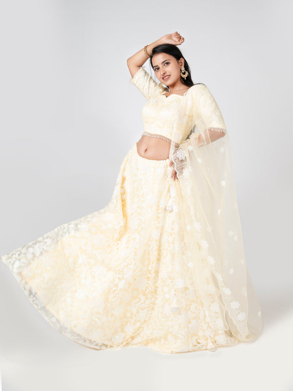 Lemon Net Floral Work Lehenga Set