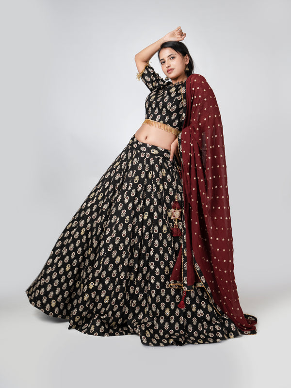 Black Floral Motifs Lehenga Set