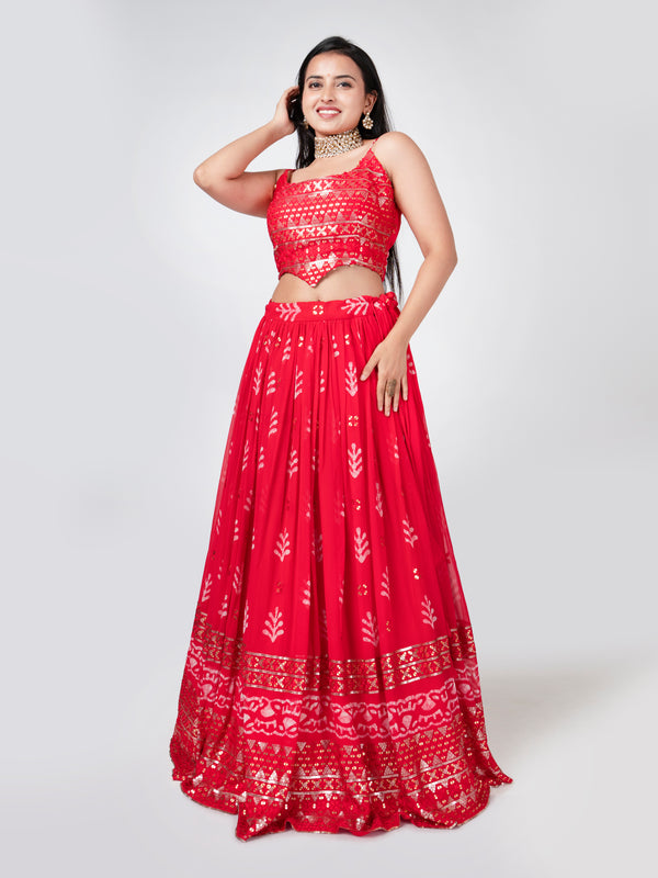 Hot Red Georgette Lehenga Set