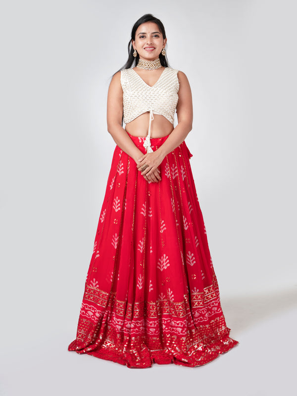 Red Shibori Lehenga