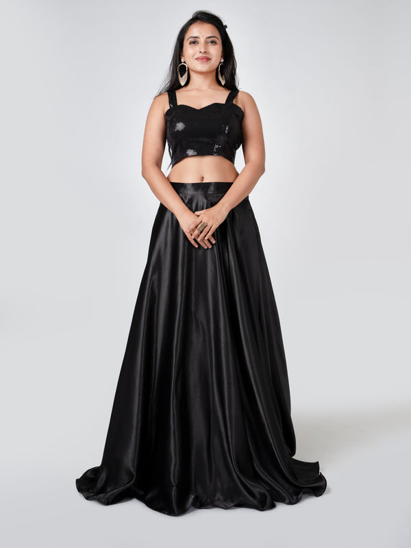 Satin Black Skirt with Sequins Crop Top