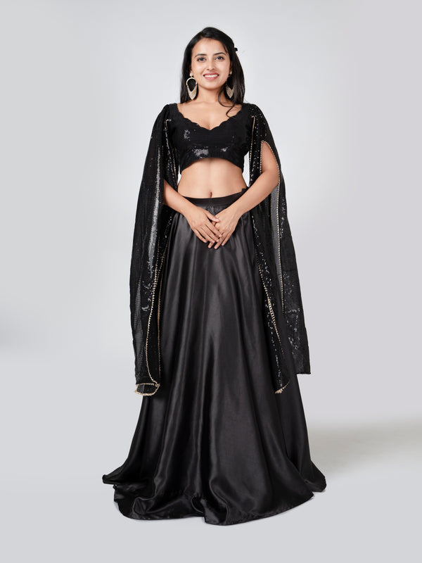 Black Falling Sleeve Sequin Lehenga