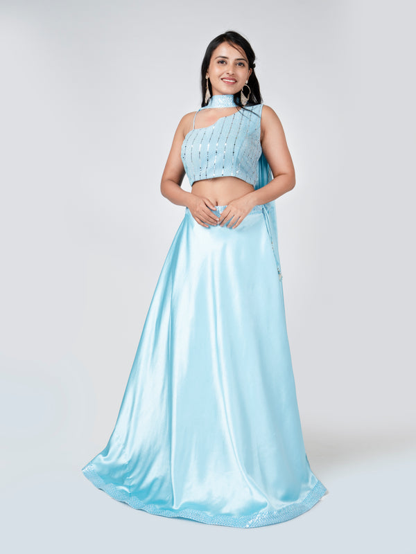 Blue Shimmer One Shoulder Lehenga Set